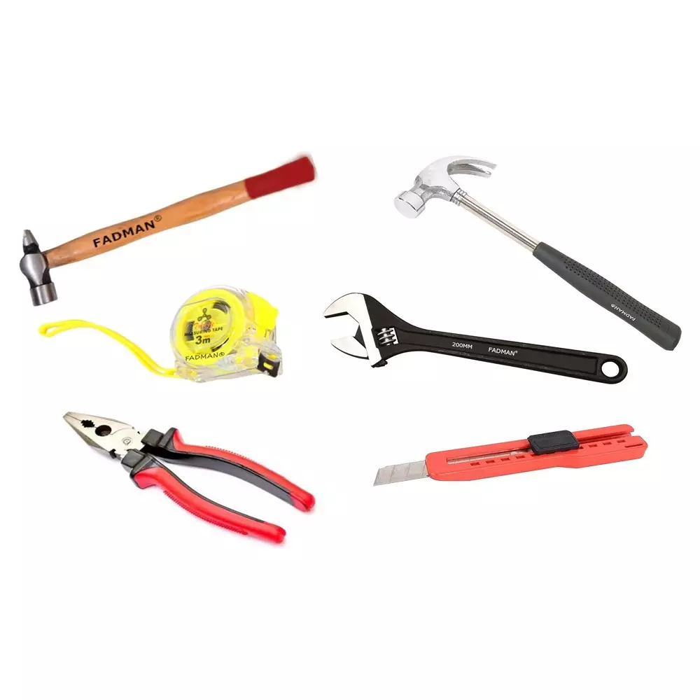 Fadman Hand Tool Kit Ball Pen Hammer, Plier, Claw Hammer, Utility Cutter, Adjustable Wrench, Measuring Tape