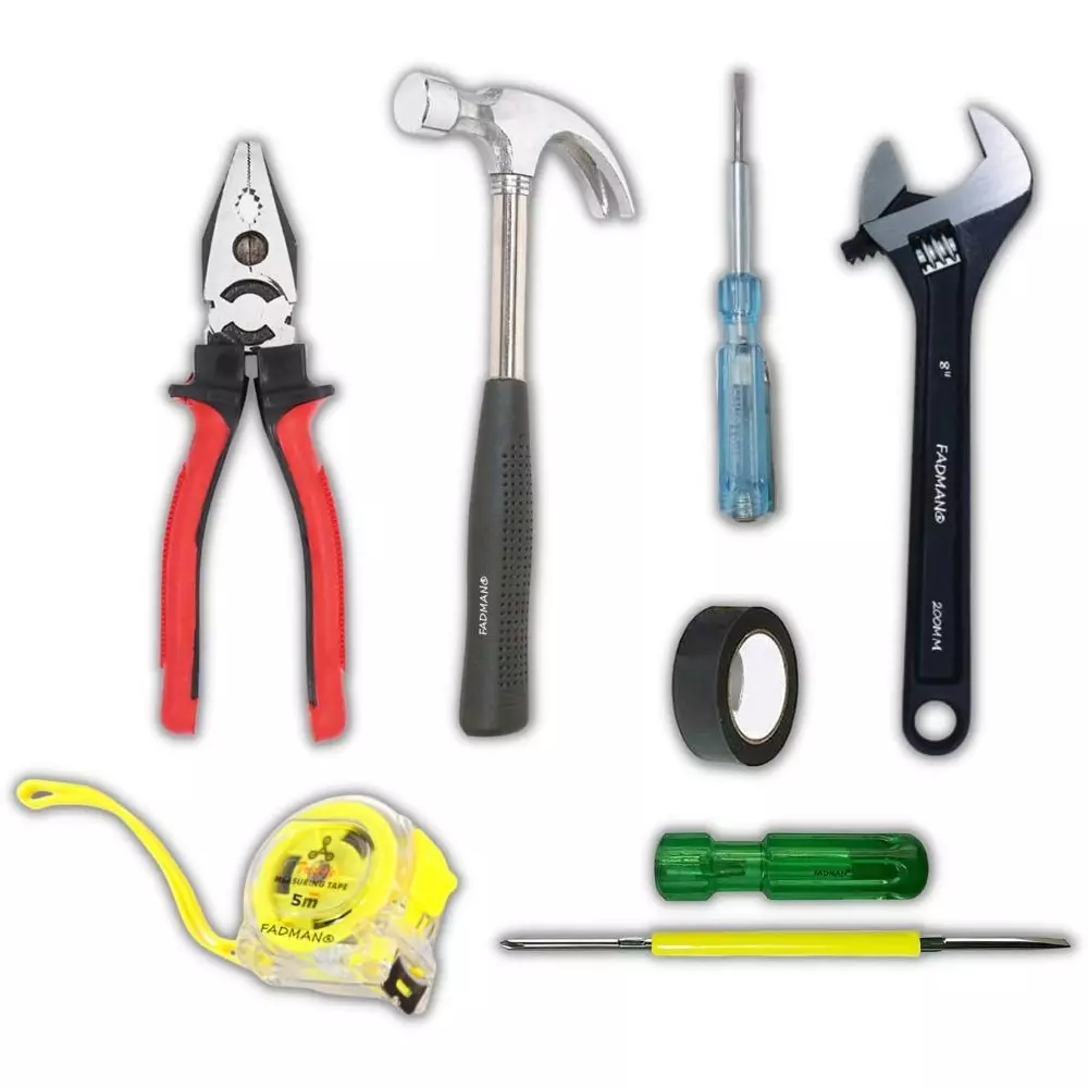 Fadman Hand Tool Kit Line Tester, Plier, Claw Hammer, 2 in 1 Screwdriver, Adjustable Wrench, Measuring Tape, PVC Tape