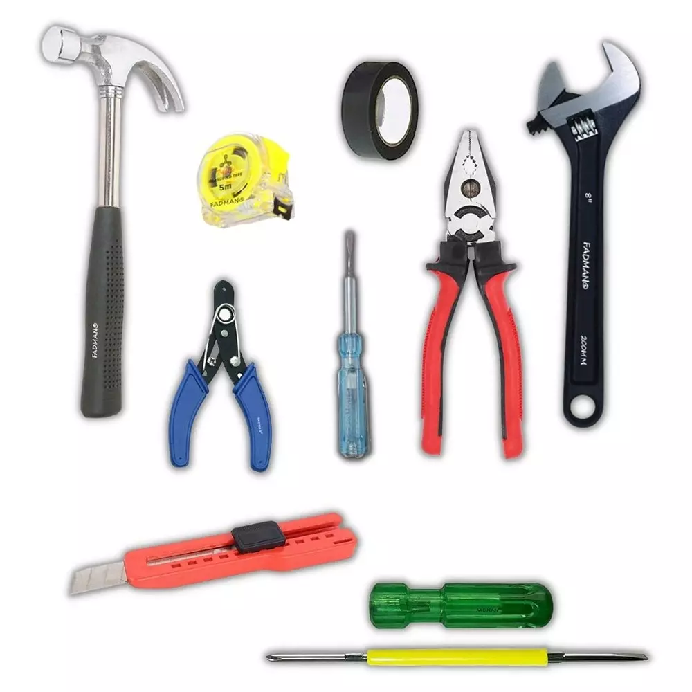 Fadman Hand Tool Kit Line Tester, Utility Cutter, Wire Cutter, 2 in 1 Screwdriver, Claw Hammer, Measuring Tape, PVC Tape, Plier, Adjustable Wrench
