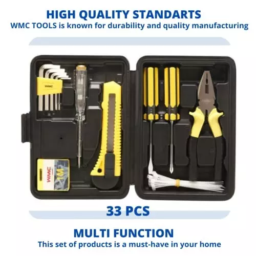 WMC 33 Piece Tool Kit with Carrying Case Rust Resistant Finish Ergonomic Grip Black & Yellow