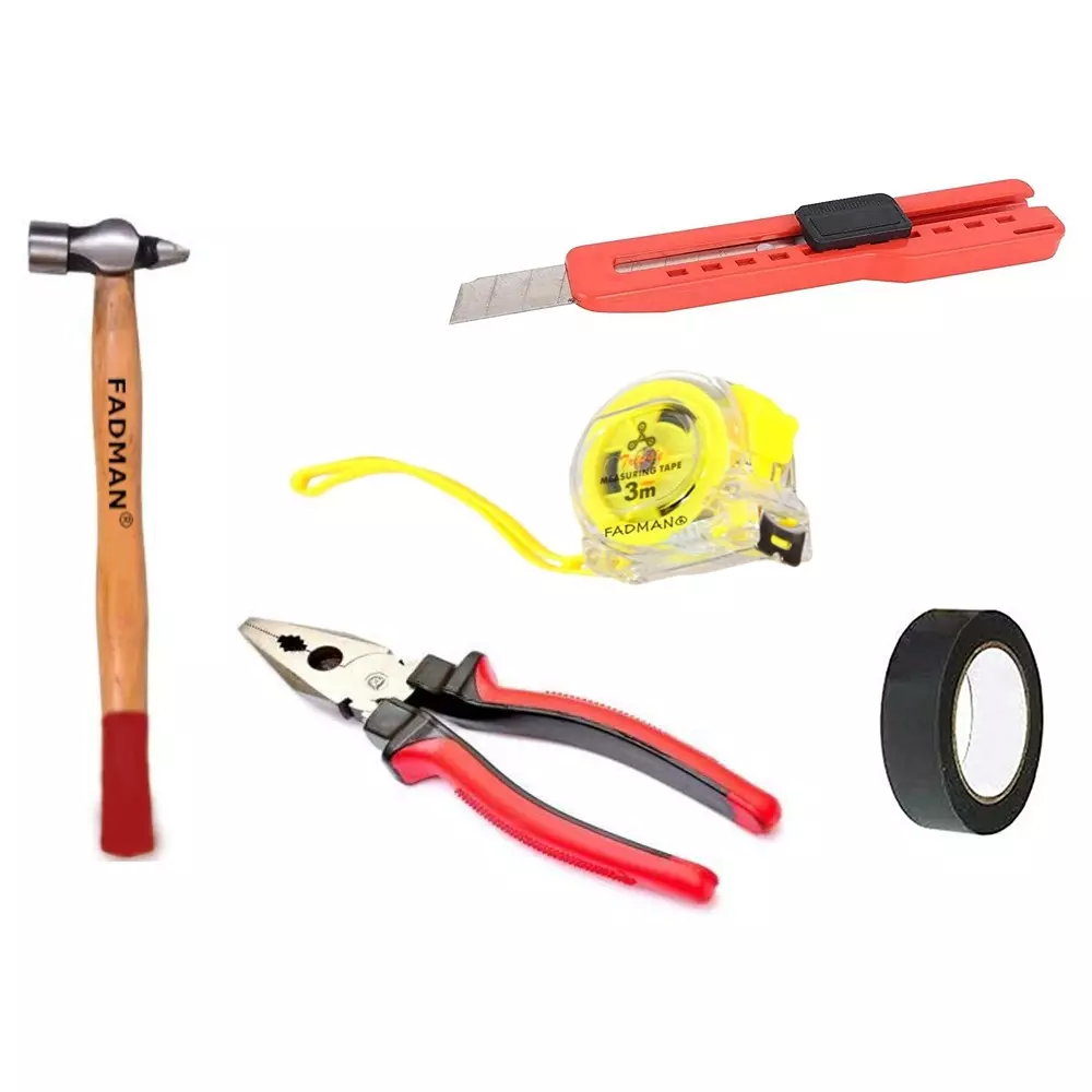 Fadman Hand Tool Kit Utility Cutter, Plier, Measuring Tape, Ball Peen Hammer, PVC Tape