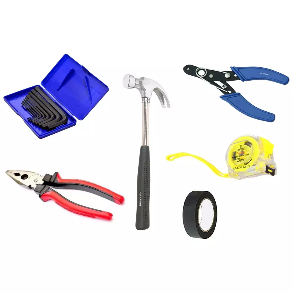 Fadman Hand Tool Kit Allen Keys Set, Plier, Measuring Tape, Claw Hammer, PVC Tape, Wire Cutter