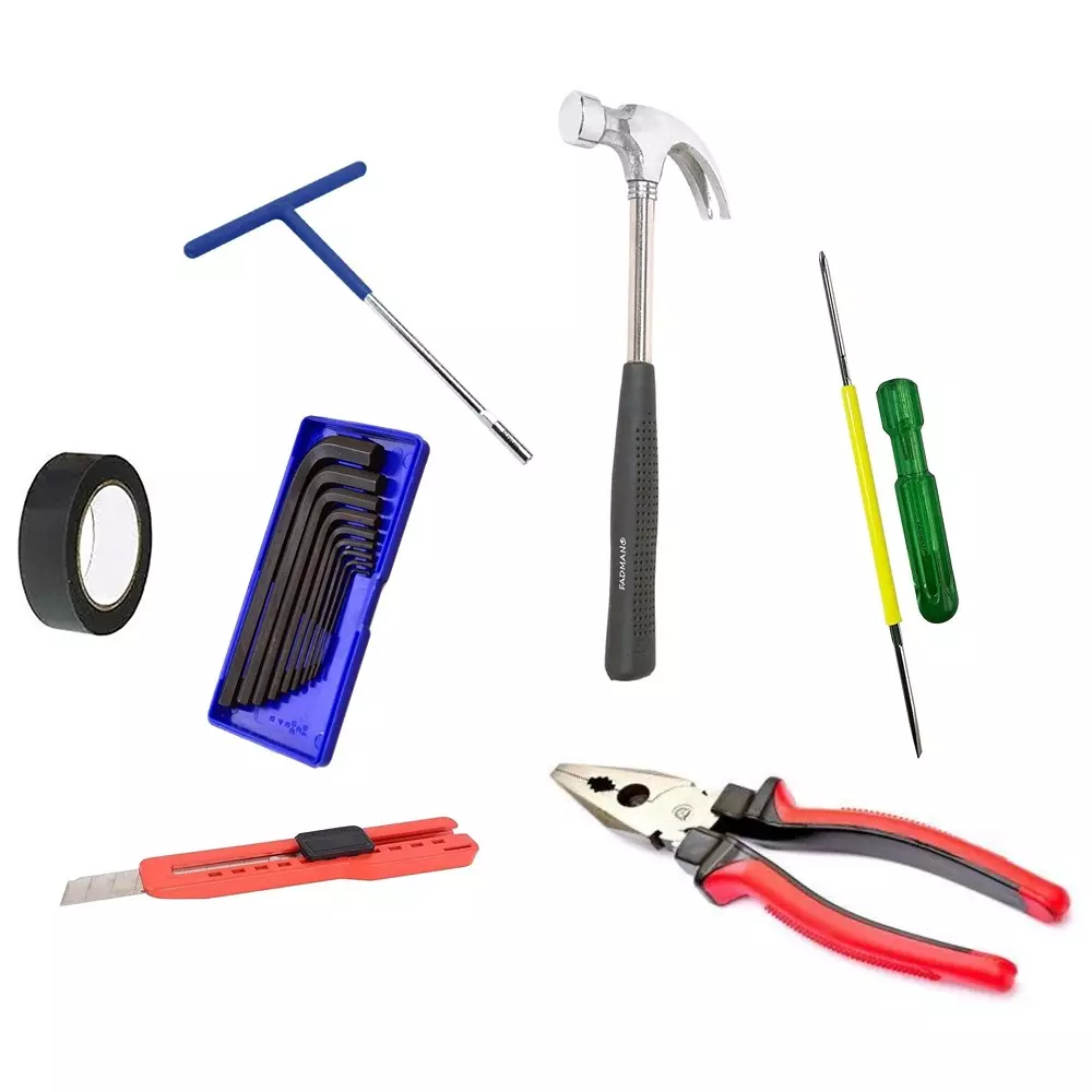 Fadman Hand Tool Kit Allen Keys Set, Plier, Claw Hammer, 2 in 1 Screwdriver, T Spanner, Utility Cutter, PVC Tape
