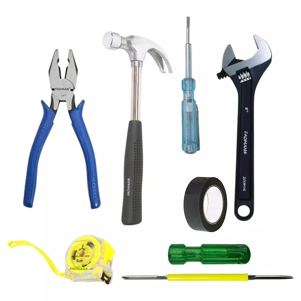 Fadman Hand Tool Kit Line Tester, Plier, Measuring Tape, 2 in 1 Screwdriver, Claw Hammer, Adjustable Wrench, PVC Tape