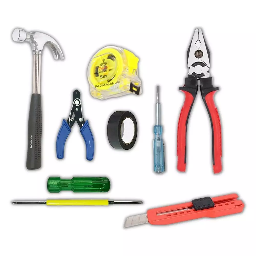 Fadman Hand Tool Kit Line Tester, Utility Cutter, Wire Cutter, 2 in 1 Screwdriver, Claw Hammer, Measuring Tape, PVC Tape, Plier