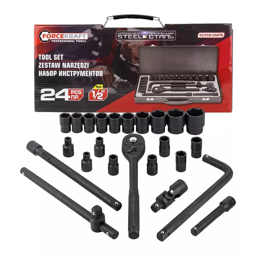 FORCEKRAFT 24 Pcs Air Sockets Tool Kit Chrome Vanadium Steel 1/2 Inch (12.7 mm) Drive Size, FK-4245B-5MPB