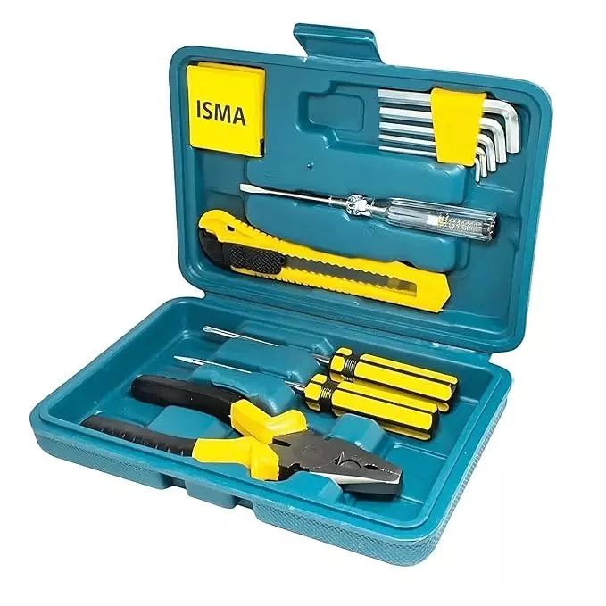 ISMA 12 Pcs Tool Kit Manual Yellow & Silver Chrome Vanadium Steel Chrome Finish for DIY, Home Repairs & Basic Maintenance