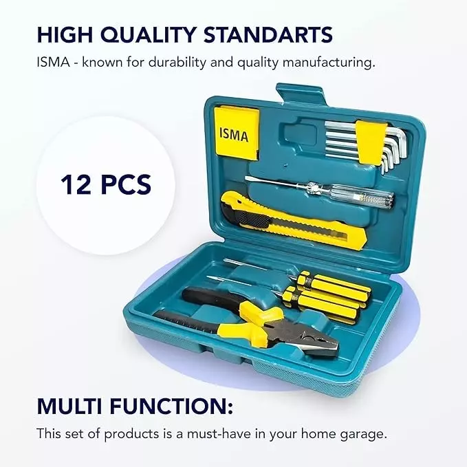 ISMA 12 Pcs Tool Kit Manual Yellow & Silver Chrome Vanadium Steel Chrome Finish for DIY, Home Repairs & Basic Maintenance