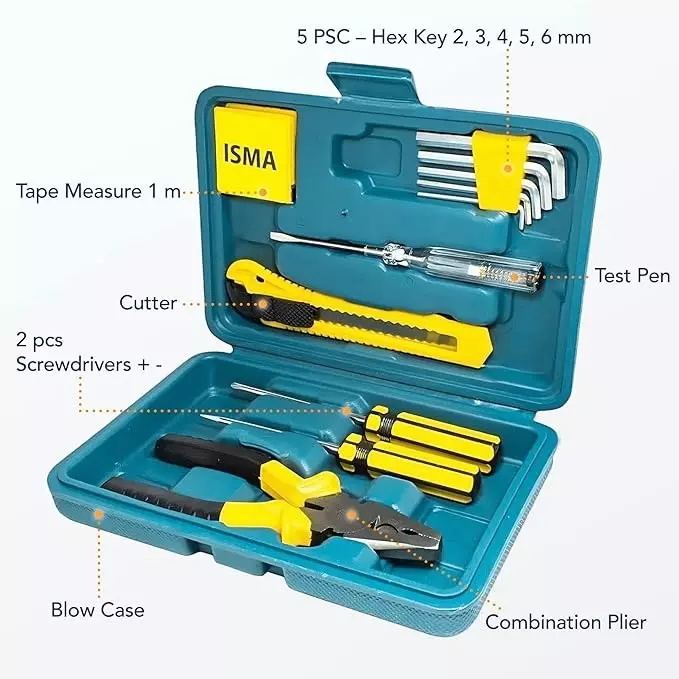 ISMA 12 Pcs Tool Kit Manual Yellow & Silver Chrome Vanadium Steel Chrome Finish for DIY, Home Repairs & Basic Maintenance