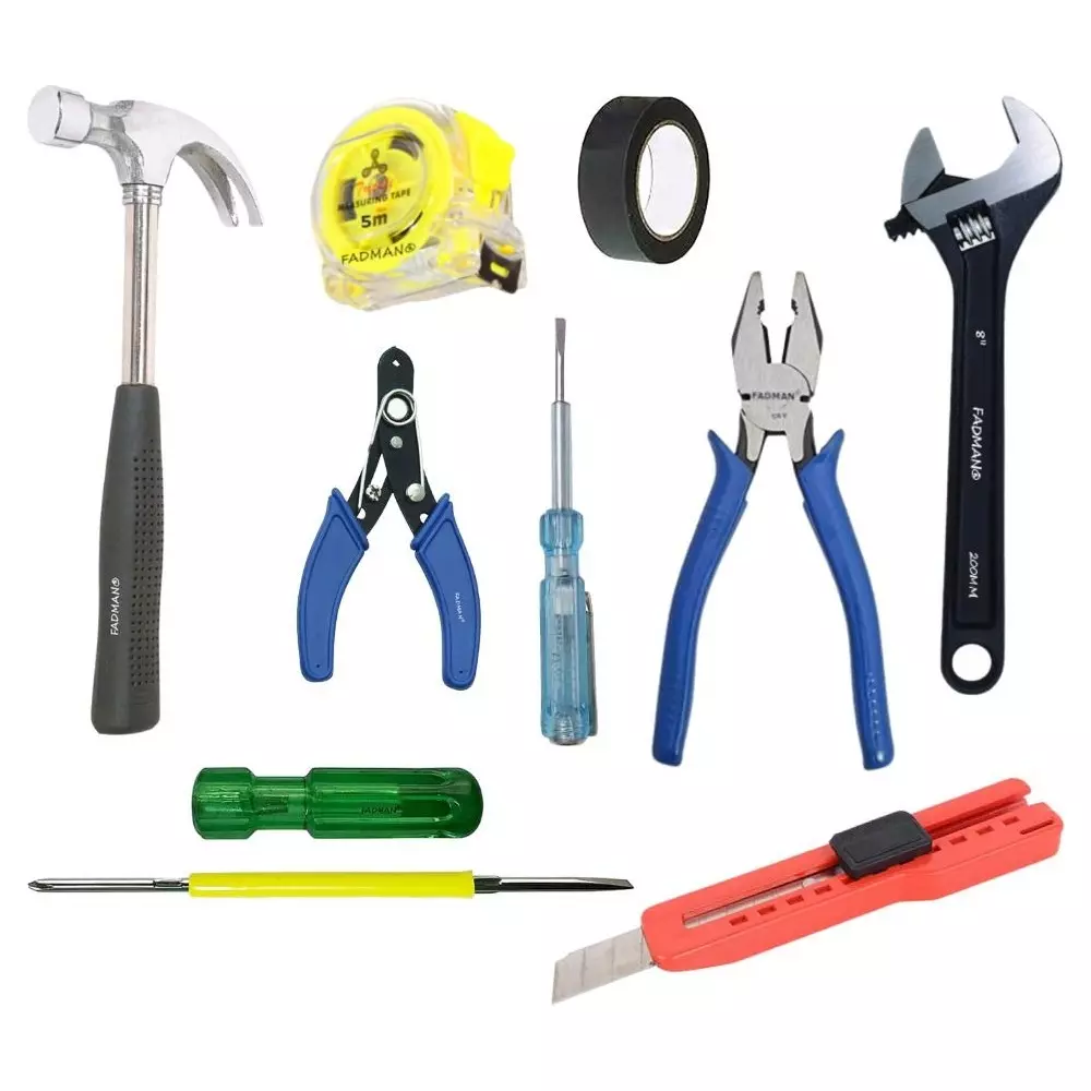 Fadman Hand Tool Kit Line Tester, Utility Cutter, Adjustable Wrench, Wire Cutter, 2 in 1 Screwdriver, Claw Hammer, Measuring Tape, PVC Tape, Plier