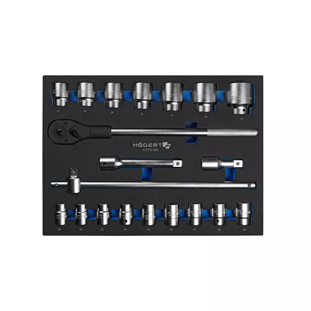 Hogert Technik 20 Pcs Ratchet Tool Set EVA Insert 3/4 inch (19 mm) Drive Size and Chrome-Vanadium Alloy Steel Body, HT7G180