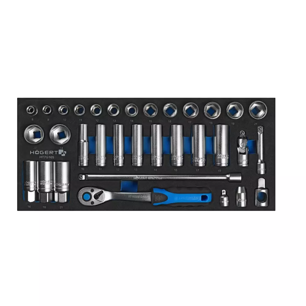 Hogert Technik 33 Pcs Ratchet Tool Set EVA Insert 3/8 inch (9.5 mm) Drive Size and Chrome-Vanadium Alloy Steel Body, HT7G165