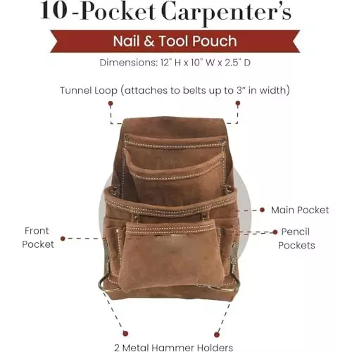 A.D INTERNATIONAL Carpenter's Tool & Nail Bag Suede Leather Dark Tan Color with 10 Pockets for Professional Use, J2-LYLO-L1QC