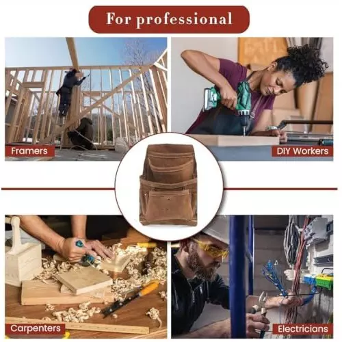 A.D INTERNATIONAL Carpenter's Tool & Nail Bag Suede Leather Dark Tan Color with 10 Pockets for Professional Use, J2-LYLO-L1QC