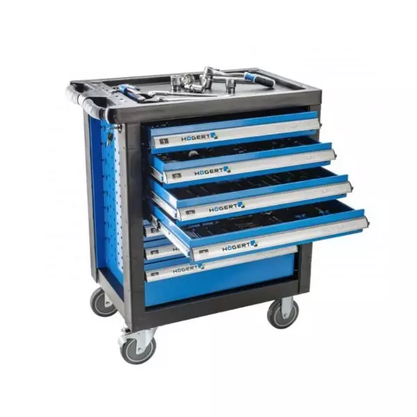Hogert Technik Tool Cabinet with 370 Pcs Tools and 7 Drawers in Black and Blue Color, HT7G053