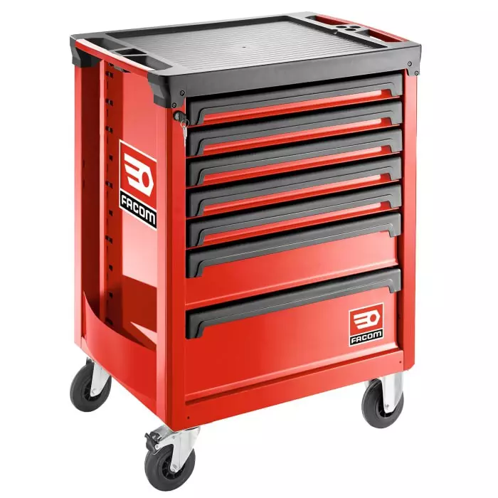 Facom 7 Drawer Polypropylene with Fiber Wheeled Tool Cabinet Red, ROLL.7M3APF