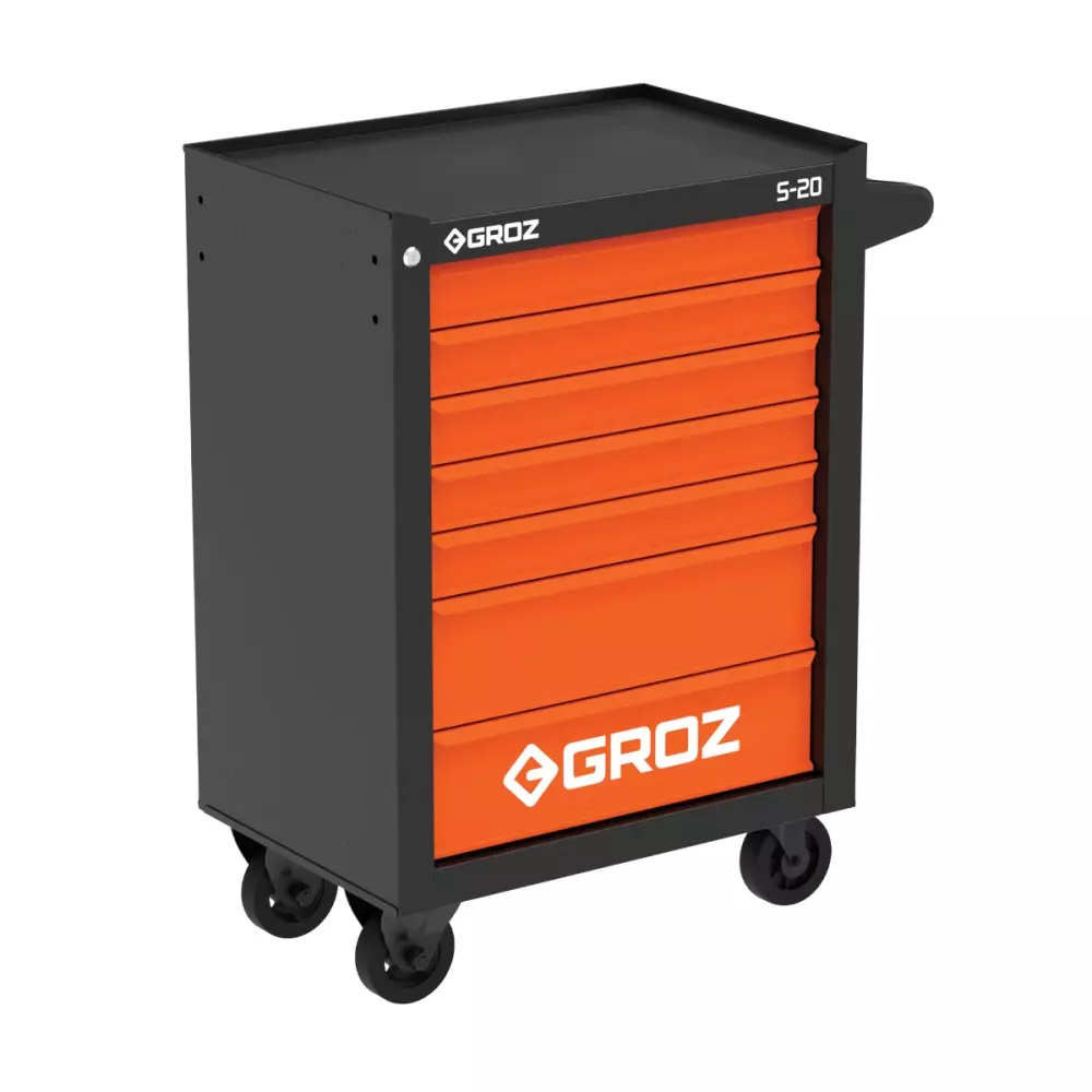 Groz S20 Series Rolling Tool Cabinet 7 Drawers 500 Kg Load Capacity Heavy-Duty Steel 680x467x1000 mm Black & Orange, RTC/27-20/1/GRZ