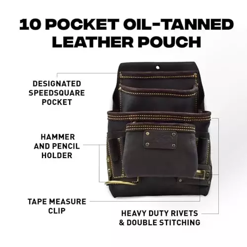 OX 10 Pocket Tool Bag Heavy Duty Brown Leather for Carpenter, Electrician, Or Plumber, 6G-A9OH-WQGA