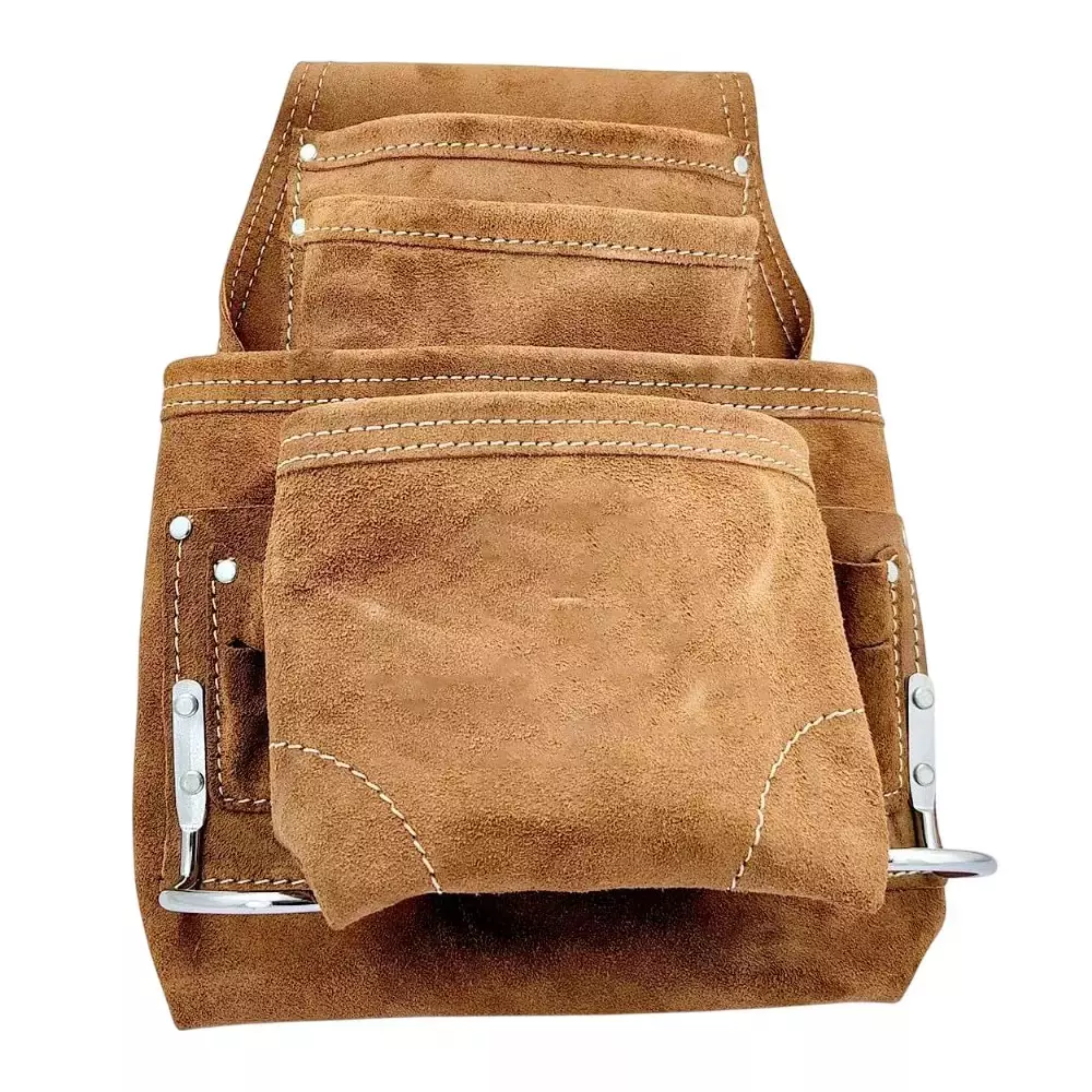 Buyohlic International Carpenter's Tool & Nail Bag Suede Leather Dark Tan Color with 10 Pockets for Professional Use, J2-LYLO-L1QC