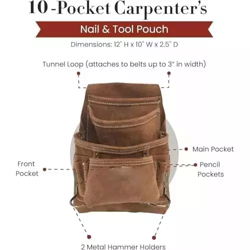 Buyohlic International Carpenter's Tool & Nail Bag Suede Leather Dark Tan Color with 10 Pockets for Professional Use, J2-LYLO-L1QC