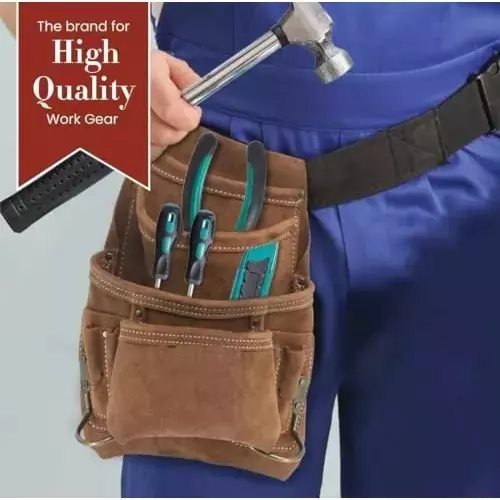 Buyohlic International Carpenter's Tool & Nail Bag Suede Leather Dark Tan Color with 10 Pockets for Professional Use, J2-LYLO-L1QC