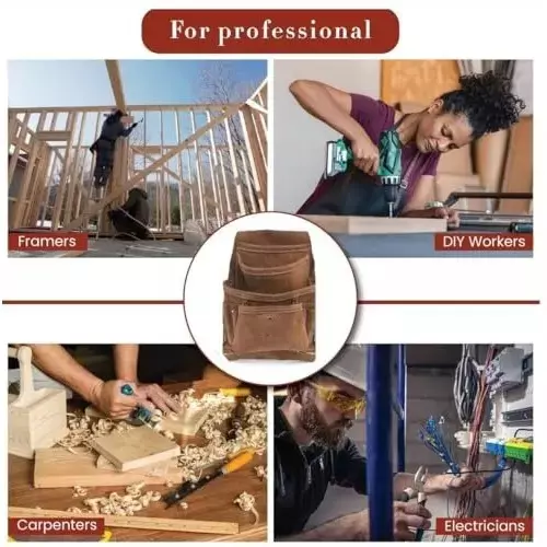 Buyohlic International Carpenter's Tool & Nail Bag Suede Leather Dark Tan Color with 10 Pockets for Professional Use, J2-LYLO-L1QC