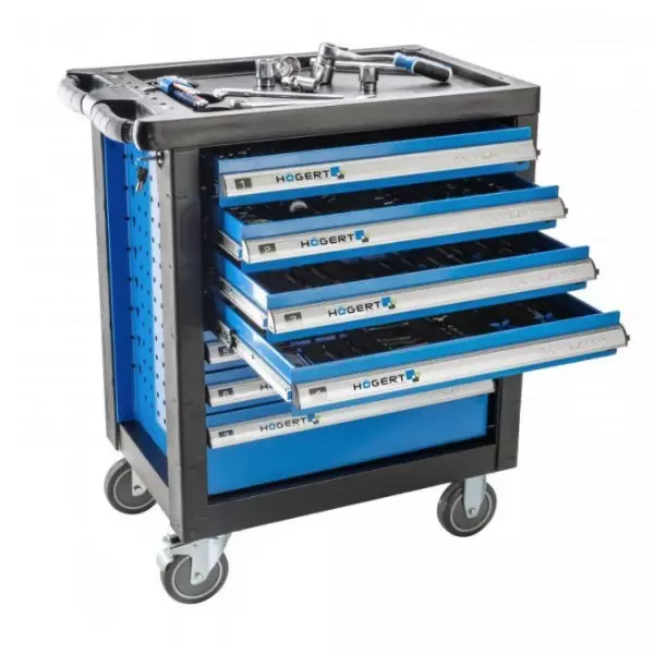Hogert Technik Tool Cabinet with 304 Pcs Tools and 7 Drawers in Black and Blue Color, HT7G059