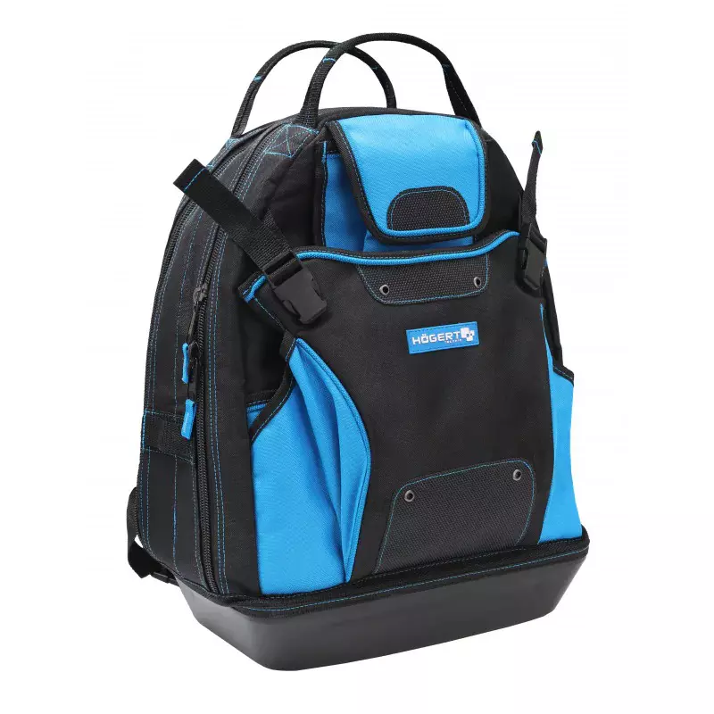 Hogert Technik Heavy Duty Tool Backpack Made of 600D Polyester in Black and Blue Color, 34x21x48 cm, HT7G225