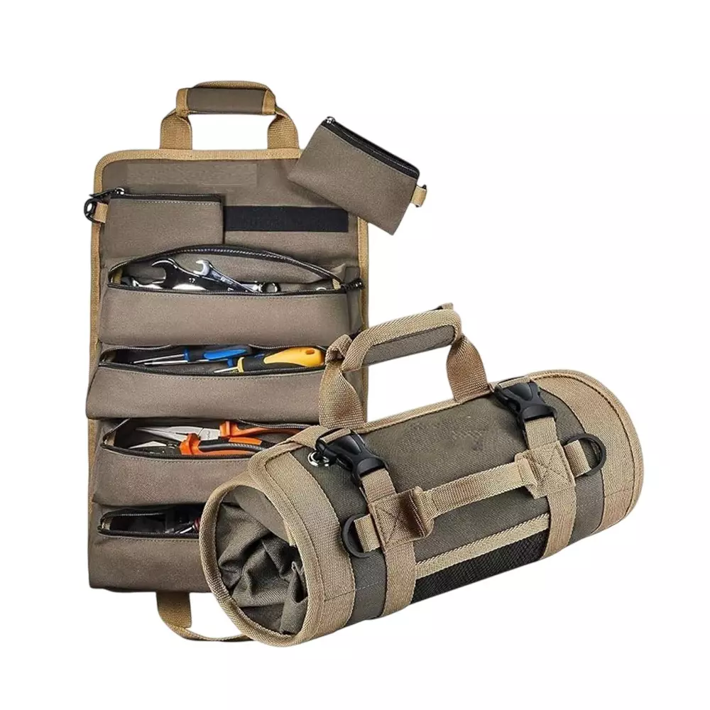 A.D INTERNATIONAL Roll-Up Tool Bag Heavy Duty Denier Light Brown Color with 2 Detachable Zipper Pouches for Technicians and Mechanics, 100-CS-178