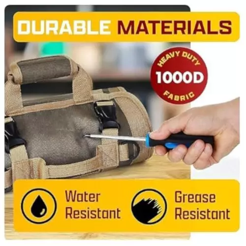 A.D INTERNATIONAL Roll-Up Tool Bag Heavy Duty Denier Light Brown Color with 2 Detachable Zipper Pouches for Technicians and Mechanics, 100-CS-178