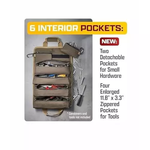 A.D INTERNATIONAL Roll-Up Tool Bag Heavy Duty Denier Light Brown Color with 2 Detachable Zipper Pouches for Technicians and Mechanics, 100-CS-178