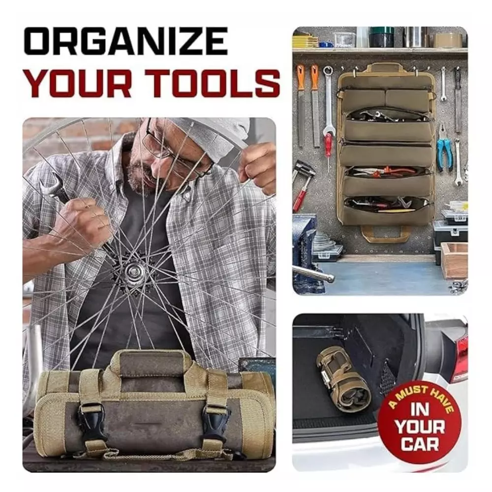 A.D INTERNATIONAL Roll-Up Tool Bag Heavy Duty Denier Light Brown Color with 2 Detachable Zipper Pouches for Technicians and Mechanics, 100-CS-178