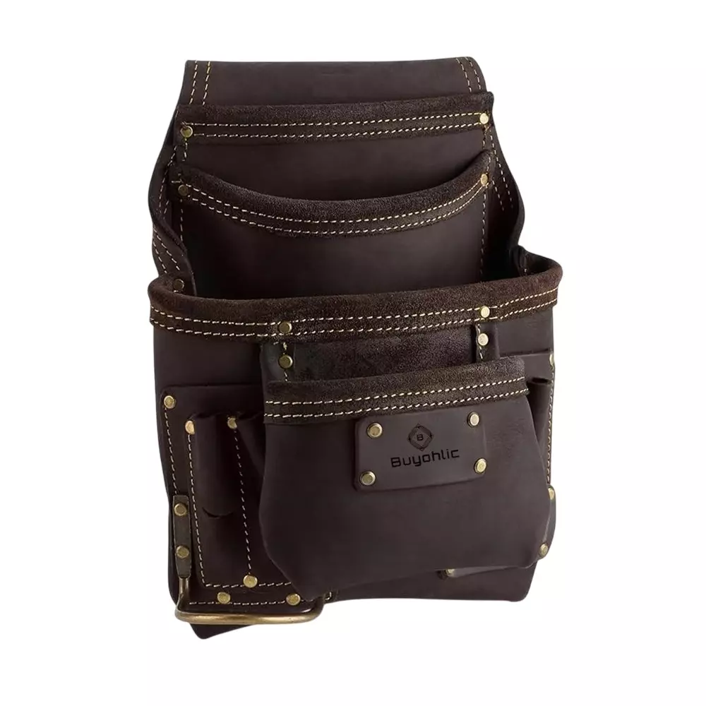 A.D INTERNATIONAL Tool Pouch Heavy Duty Leather Dark Tan Color with Hammer Loop, Tool Organizer for Drywall Contractors, 100-CS-179