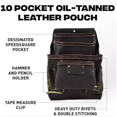 A.D INTERNATIONAL Tool Pouch Heavy Duty Leather Dark Tan Color with Hammer Loop, Tool Organizer for Drywall Contractors, 100-CS-179