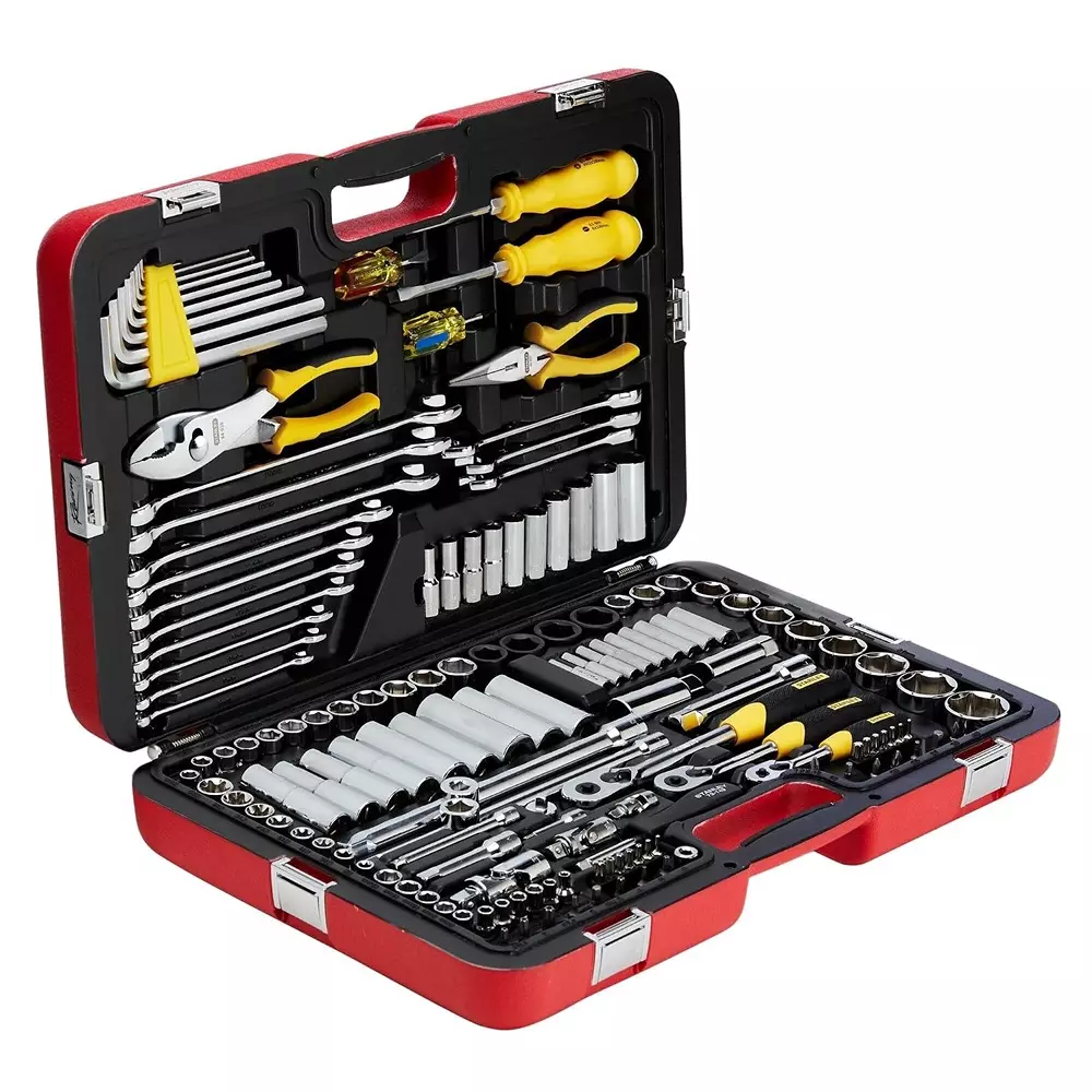 STANLEY 150 Pcs Racing Mech Hand Tool Kit Chrome Vanadium Steel Body and 1/2 inch (12.7 mm), 1/4 inch (6.35 mm), 3/8 inch (9.5 mm) Hex Drive, R99-150LA