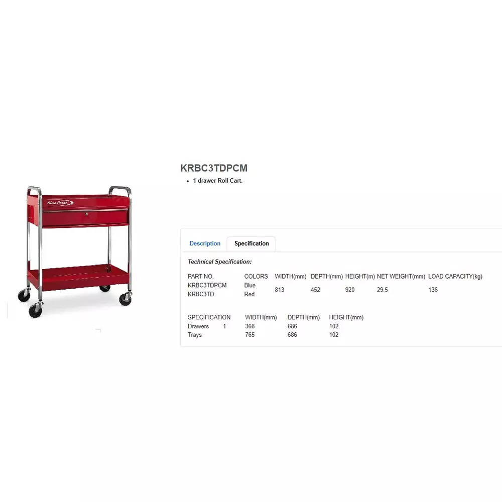 blue-point-service-cart-red-color-heavy-gauge-steel-body-and-136-kg-load-capacity-krbc3td