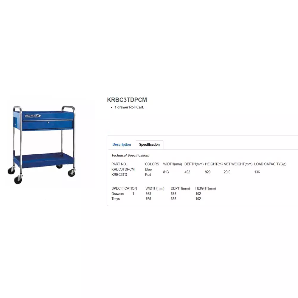 blue-point-service-cart-royal-blue-color-heavy-gauge-steel-body-and-136-kg-load-capacity-krbc2tcpcm