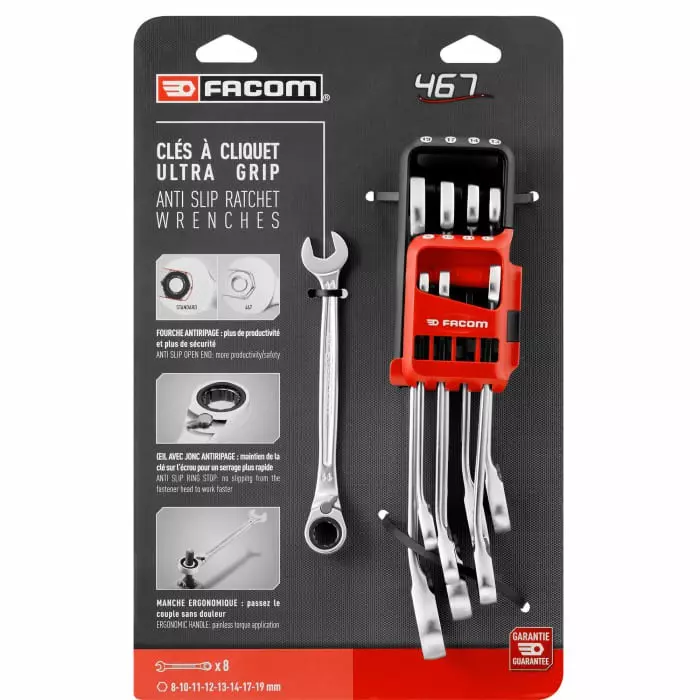 Facom 467 B open end wrenches with ratchet Series 8-Piece Combination Ratchet Spanner Set, 8 - 19, Chrome, 467B.JP8PB