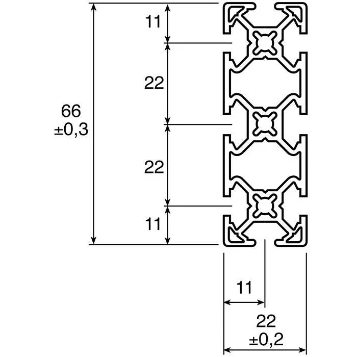 FlexLink Silver Aluminium Profile Strut 22 x 66 mm 5.6 mm Groove 2000 mm Length, XDBM 2X22X66