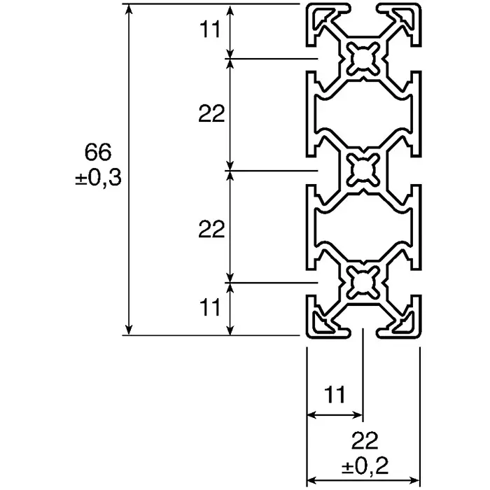 FlexLink Silver Aluminium Profile Strut 22 x 66 mm 5.6 mm Groove 1000 mm Length, XDBM 1X22X66