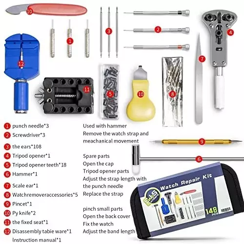 ATOZSHOP11 Watch Repair Tool Kit Stainless Steel, ABS, Antimagnetic Alloy (Set of 147 Pcs)
