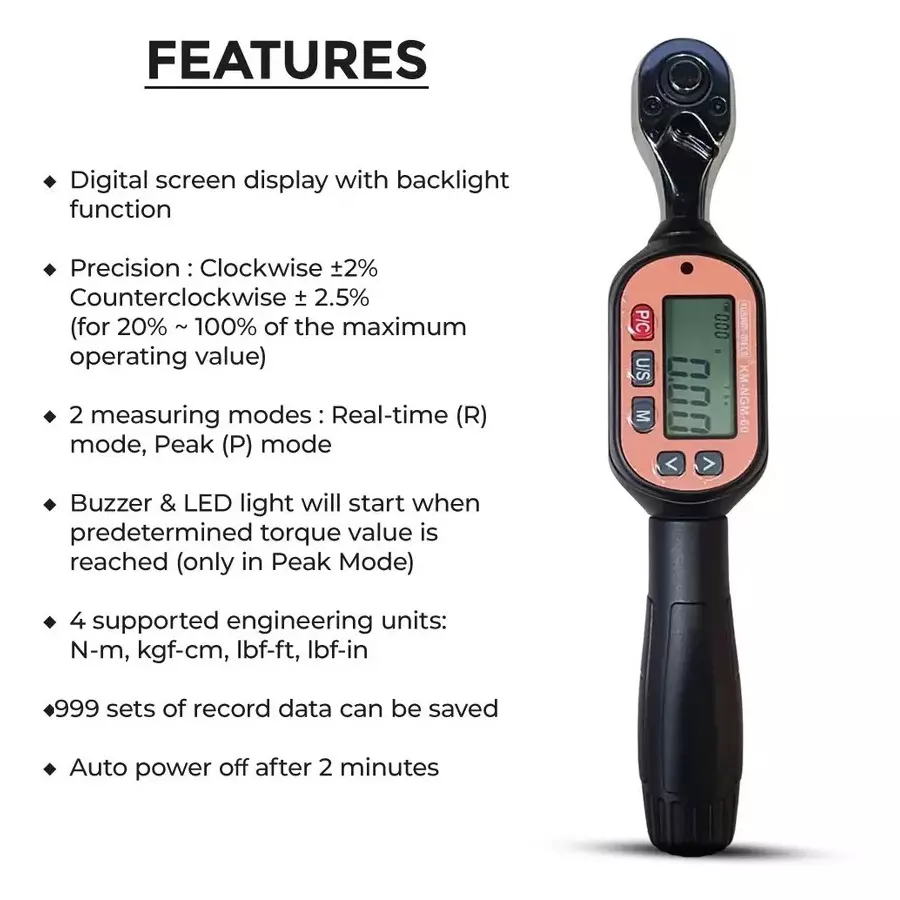 KUSAM-MECO Mini Digital Torque Wrench, 60 N-m Operating Range and ±2% to ±2.5% Precision, KM-NGM-60