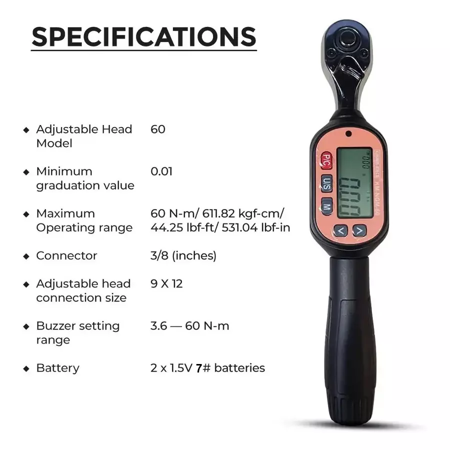 KUSAM-MECO Mini Digital Torque Wrench, 60 N-m Operating Range and ±2% to ±2.5% Precision, KM-NGM-60