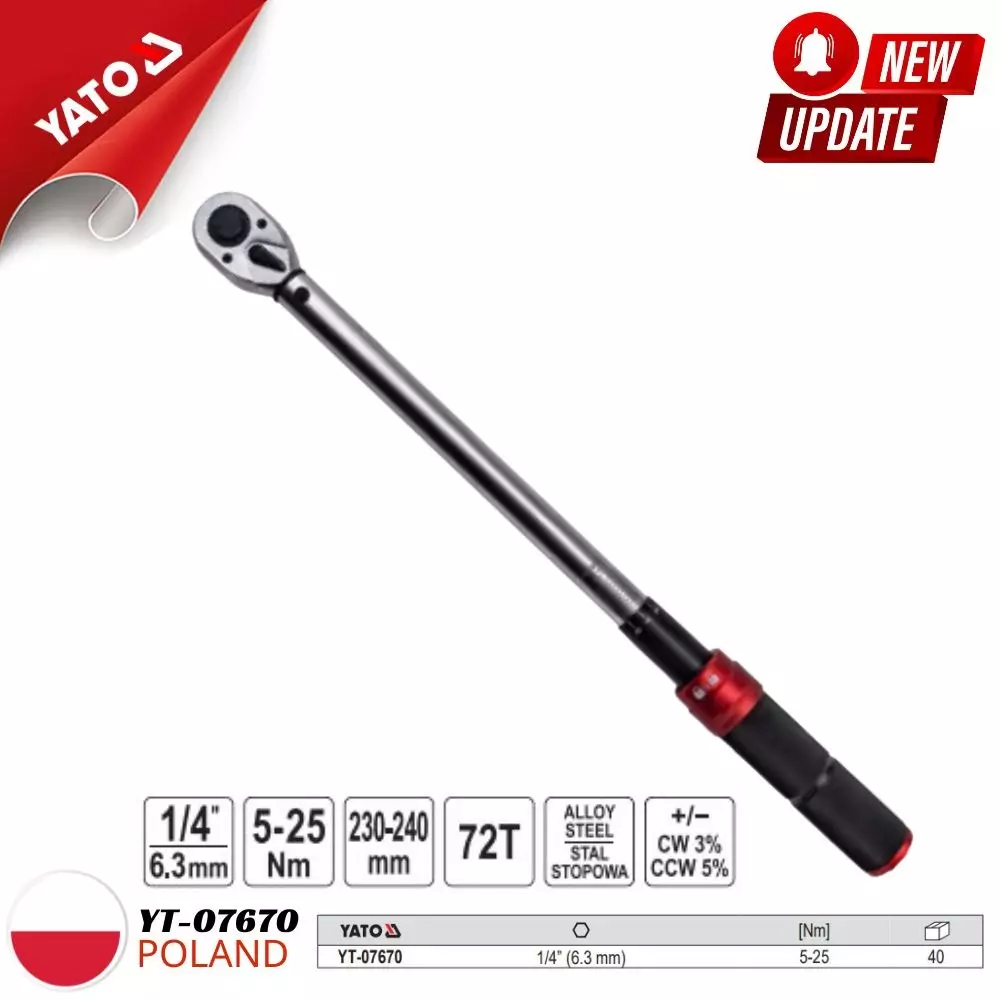 Yato Torque Wrench Alloy Steel & Aluminum Oxide 6.3 mm (1/4 inch) Drive 5–25 Nm Torque, YT-07670