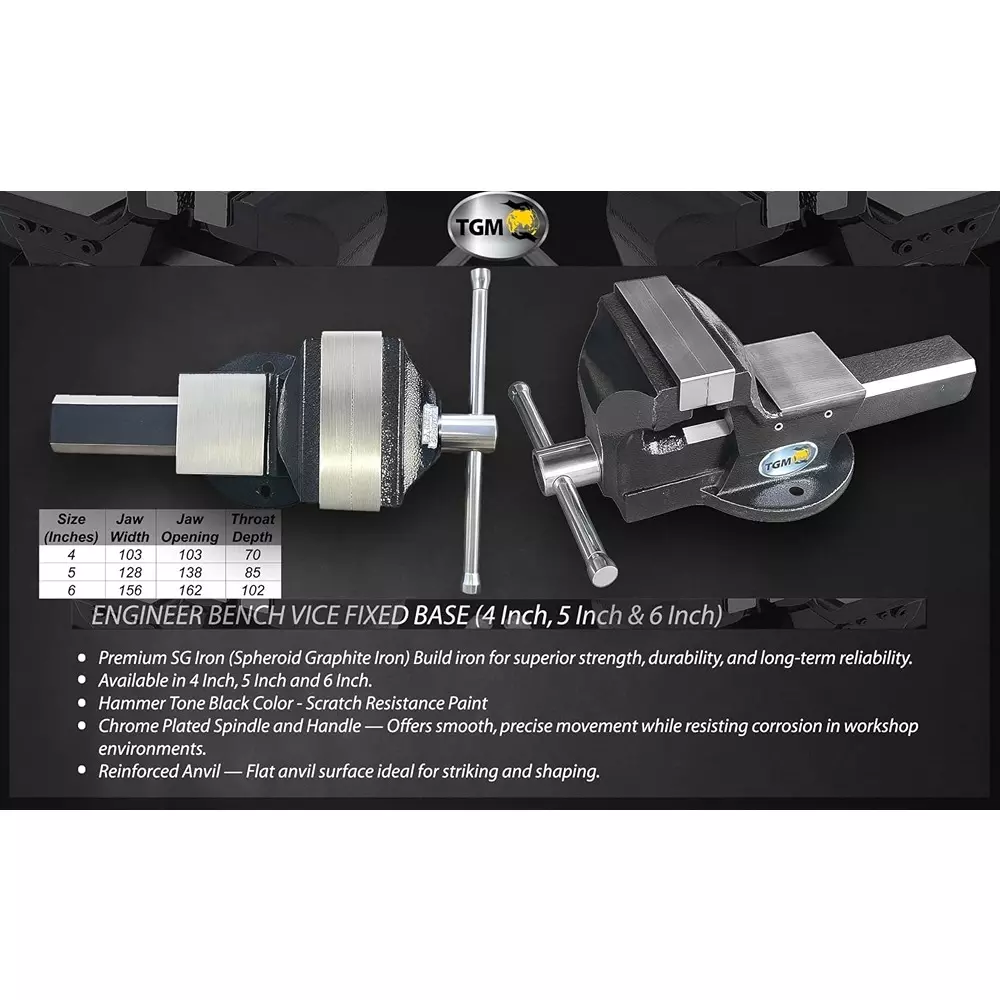 tgm-metallics-heavy-duty-fixed-base-engineers-bench-vice-hammer-tone-black-sg-iron-body-material-4-inch-100-mm-jaw-size-for-replaceable-spare-parts-tgm-10304