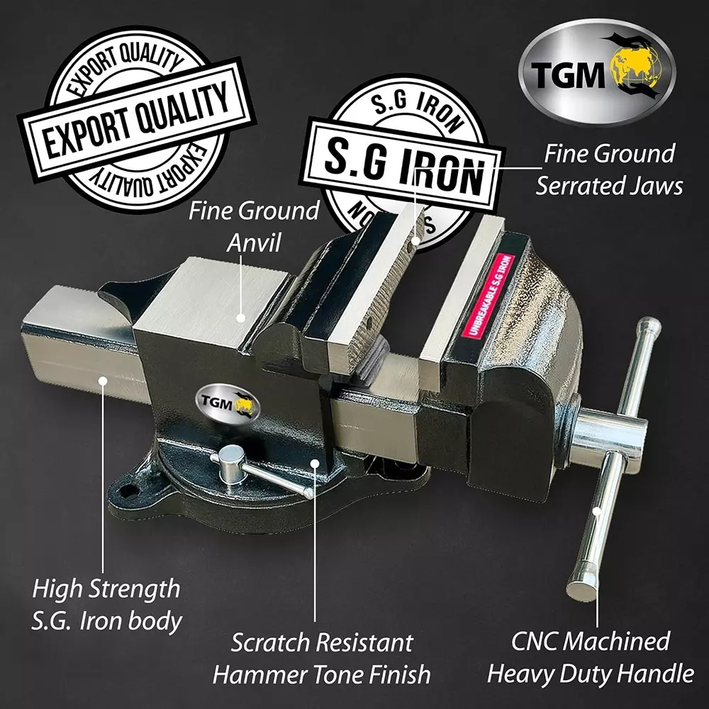 tgm-metallics-heavy-duty-swivel-base-industrial-bench-vice-hammer-tone-black-sg-iron-body-material-6-inch-150-mm-jaw-size-for-replaceable-spare-parts-tgm-10826
