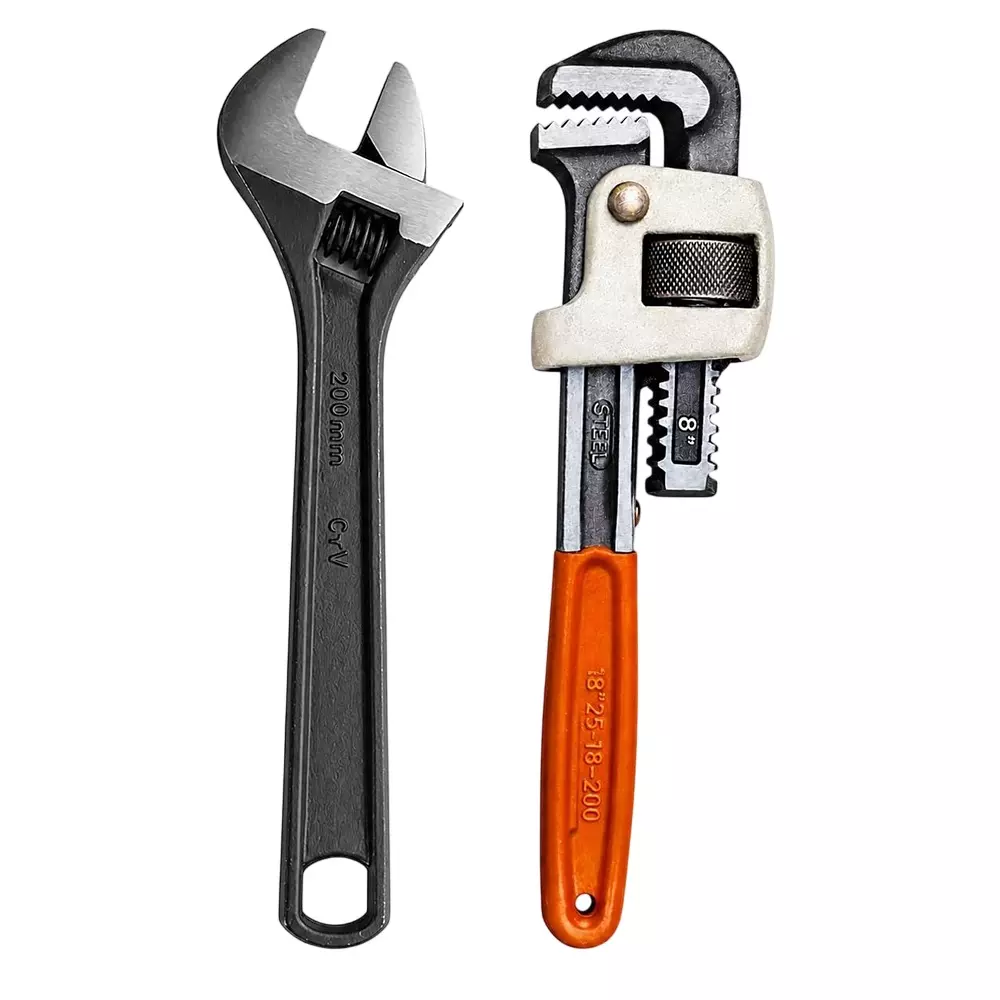 Venus Heavy Duty Pipe Wrench and Adjustable Wrench Kit Red & Grey, Black Drop Forged, Phosphated Black Finish 8 Inch (200 mm) Length for Different Size Sockets