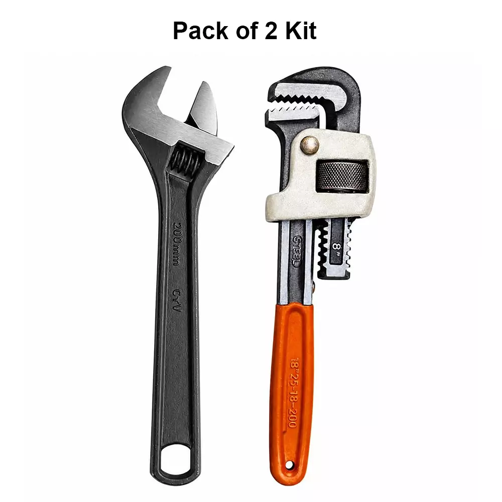 venus-heavy-duty-pipe-wrench-and-adjustable-wrench-kit-red-grey-black-drop-forged-phosphated-black-finish-8-inch-200-mm-length-for-different-size-sockets-cmbo-8