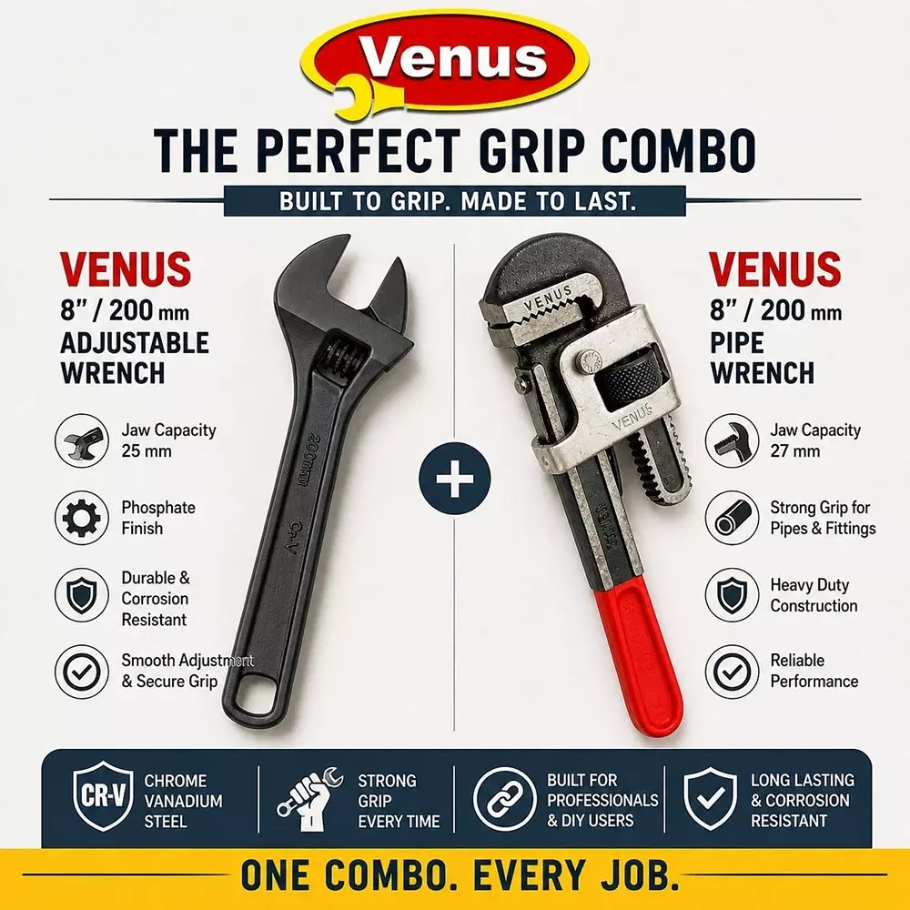venus-heavy-duty-pipe-wrench-and-adjustable-wrench-kit-red-grey-black-drop-forged-phosphated-black-finish-8-inch-200-mm-length-for-different-size-sockets-cmbo-8