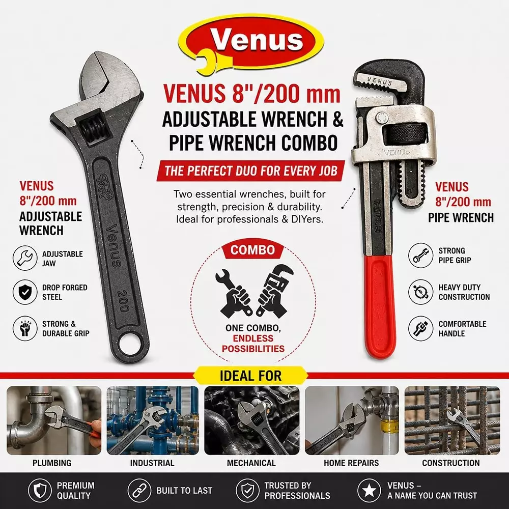 venus-heavy-duty-pipe-wrench-and-adjustable-wrench-kit-red-grey-black-drop-forged-phosphated-black-finish-8-inch-200-mm-length-for-different-size-sockets-cmbo-8